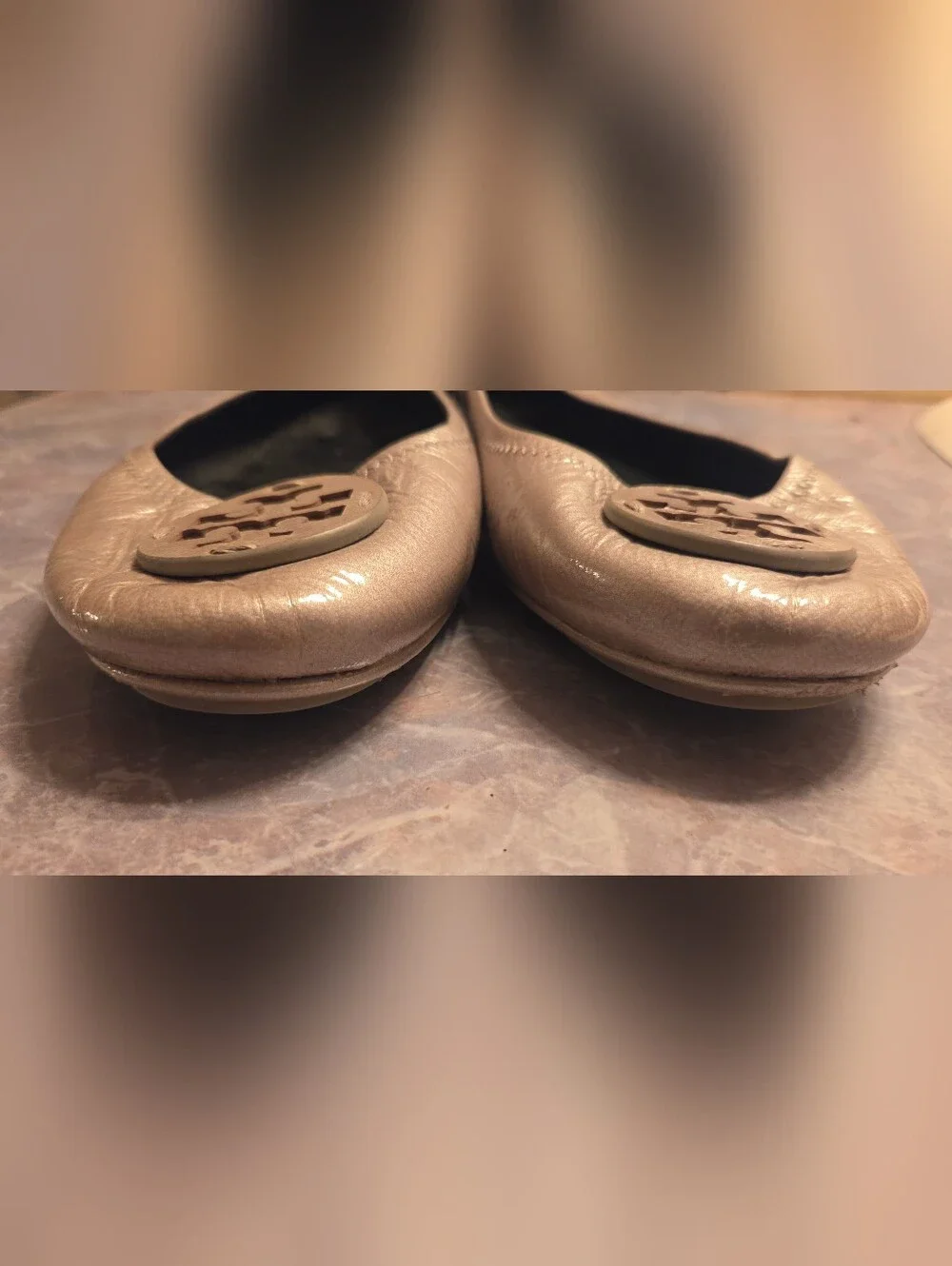 Tory Burch Metallic Gray Leather Ballet Flats